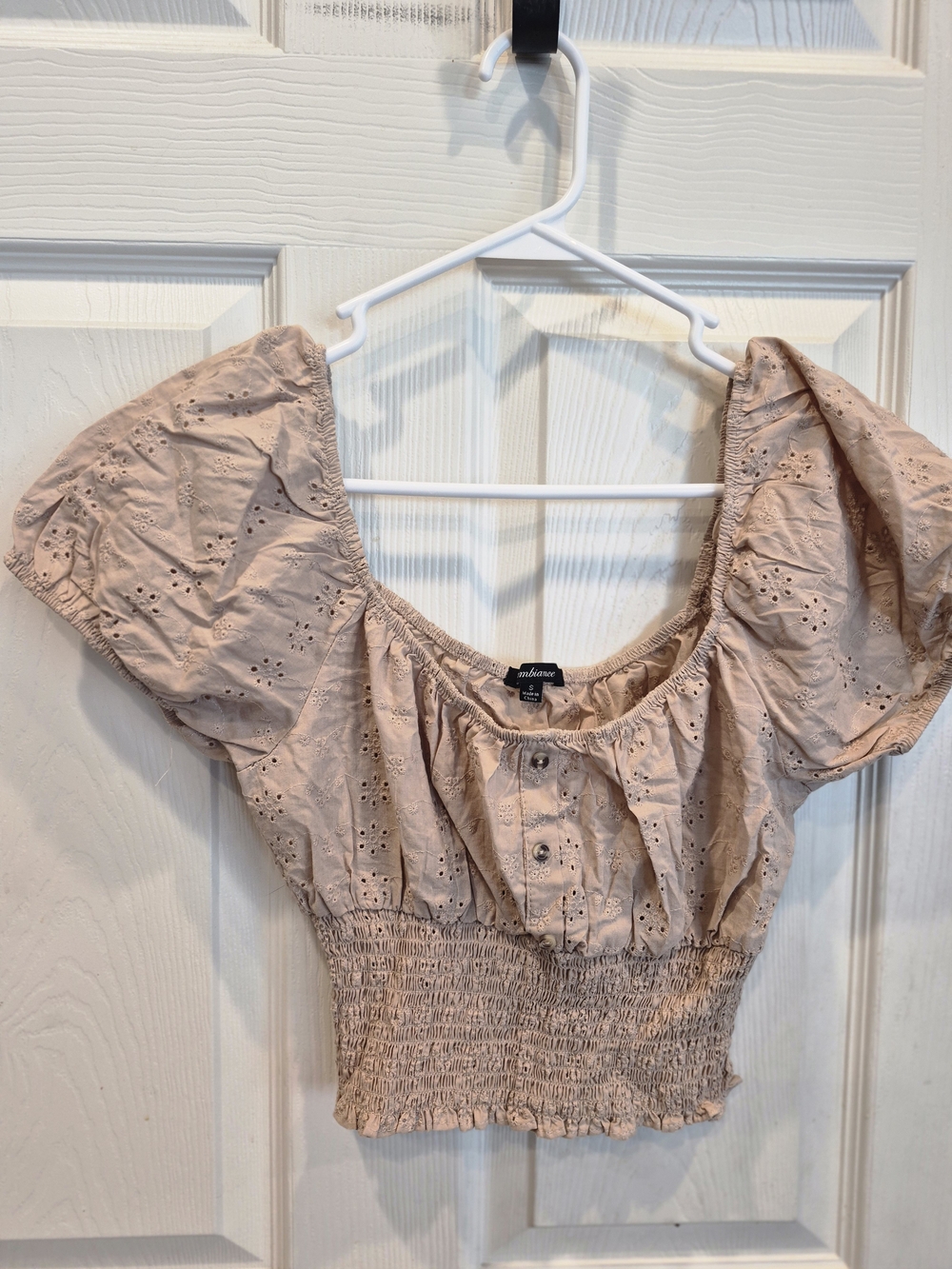 Tan Eyelet Puff-Sleeve Crop Top